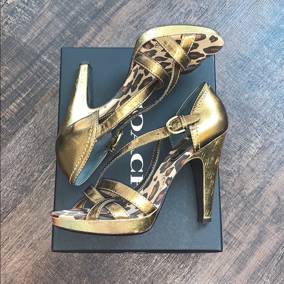 Coach | Gold and Leopard Print Strappy Heels - Picture 2 of 5